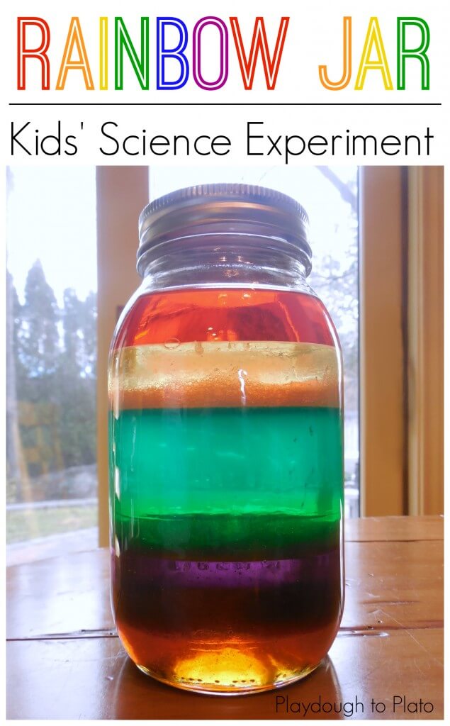 Fun kids' science experiment. Make a rainbow in a jar. {Playdough to Plato}