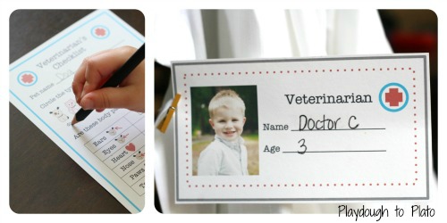 Free printables to set up a pretend play veterinarian's office for your kids. {Playdough to Plato}