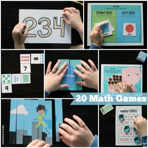 20 motiving math games teaching number concept, counting, shapes, patterns, number writing, measurement, beginning addition and subtraction.