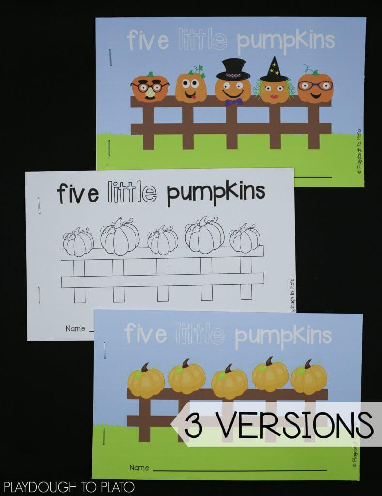 3 versions of the 5 Little Pumpkins little readers for easy printing