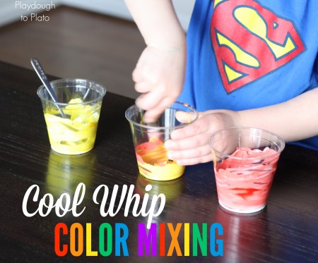 Fun way to help kids learn colors. Cool Whip Color Mixing! {Playdough to Plato}