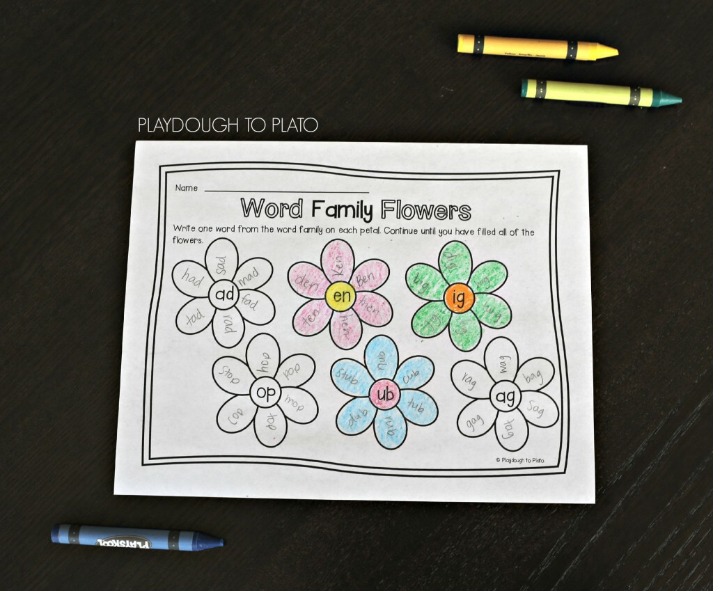 Write and color word family flowers!
