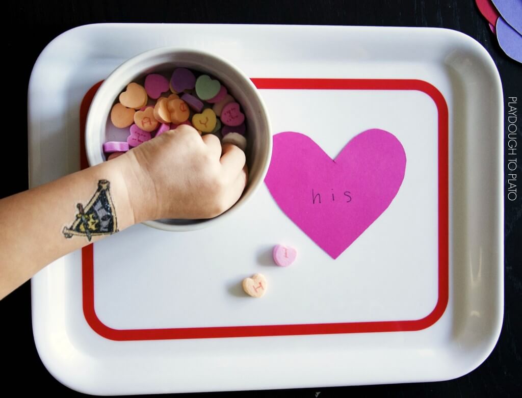What a fun way to practice sight words! Spell them with candy hearts.