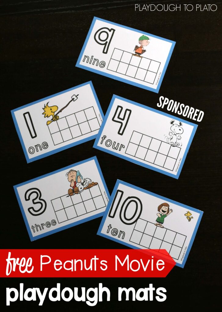Awesome FREE playdough mats for the new Peanuts Movie. Fun kids activity practicing counting, fine motor skills, number formation and more.
