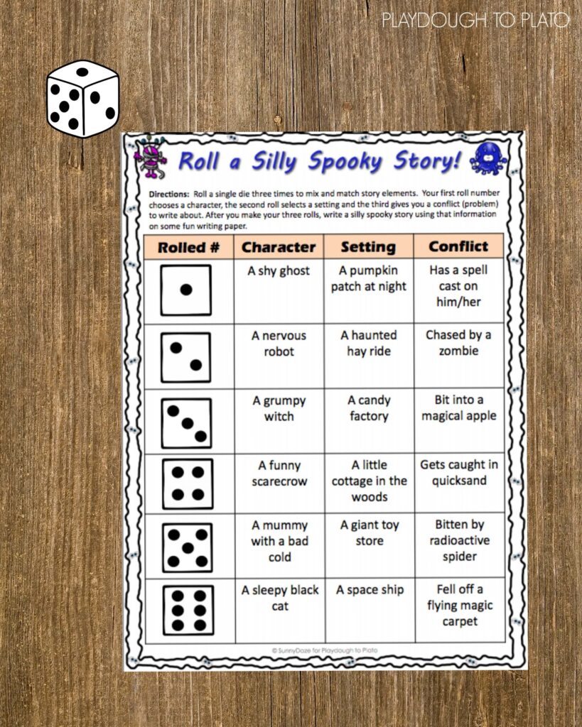 Such a fun way to get kids writing!! Roll a silly spooky story.