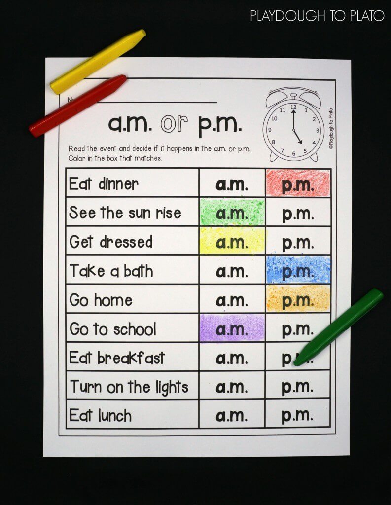 Great way to practice am or pm! Helpful telling time activity for kids.