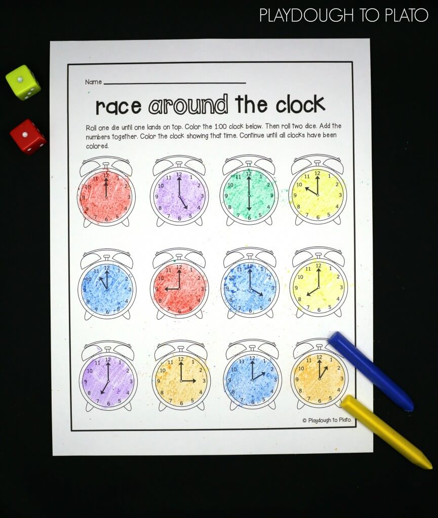 Super fun telling time game for kids! Roll, add and color the clock that matches.