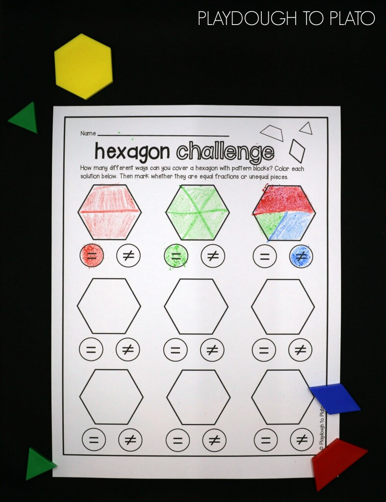 Awesome STEM activity for kids! How many different ways can you cover a hexagon with pattern blocks