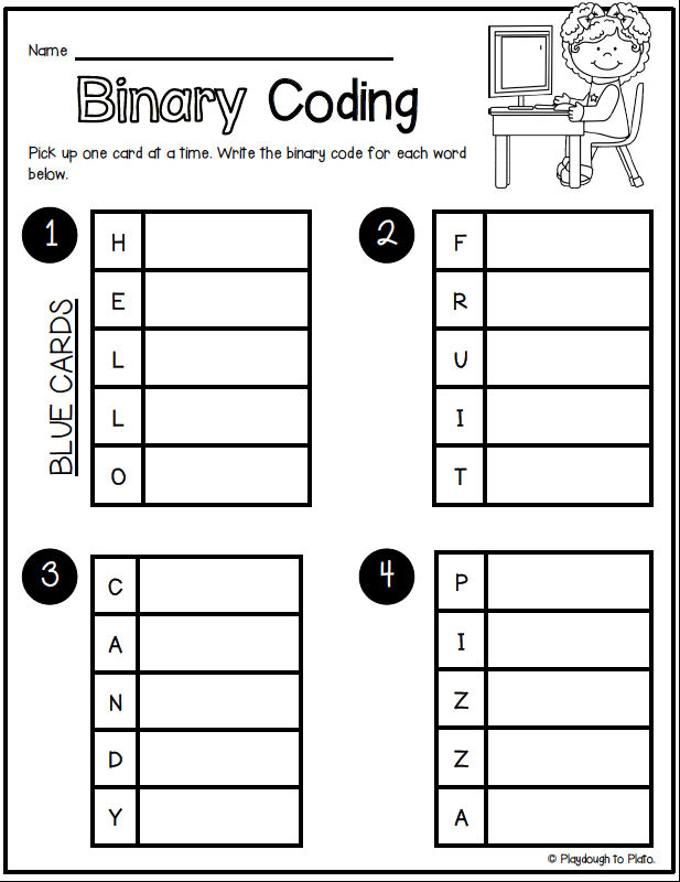 Binary coding record sheet for a STEM center or Makerspace.
