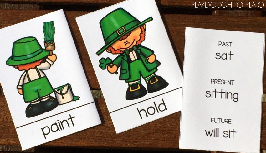 Grab these free resource cards with St. Patrick's Day verbs and have some fun with past, present and future tense writing!