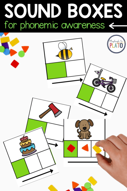 Elkonin sound boxes used to teach phonemic awareness. Three sound boxes with images for students to sound out 2, 3, and 4 phoneme words.