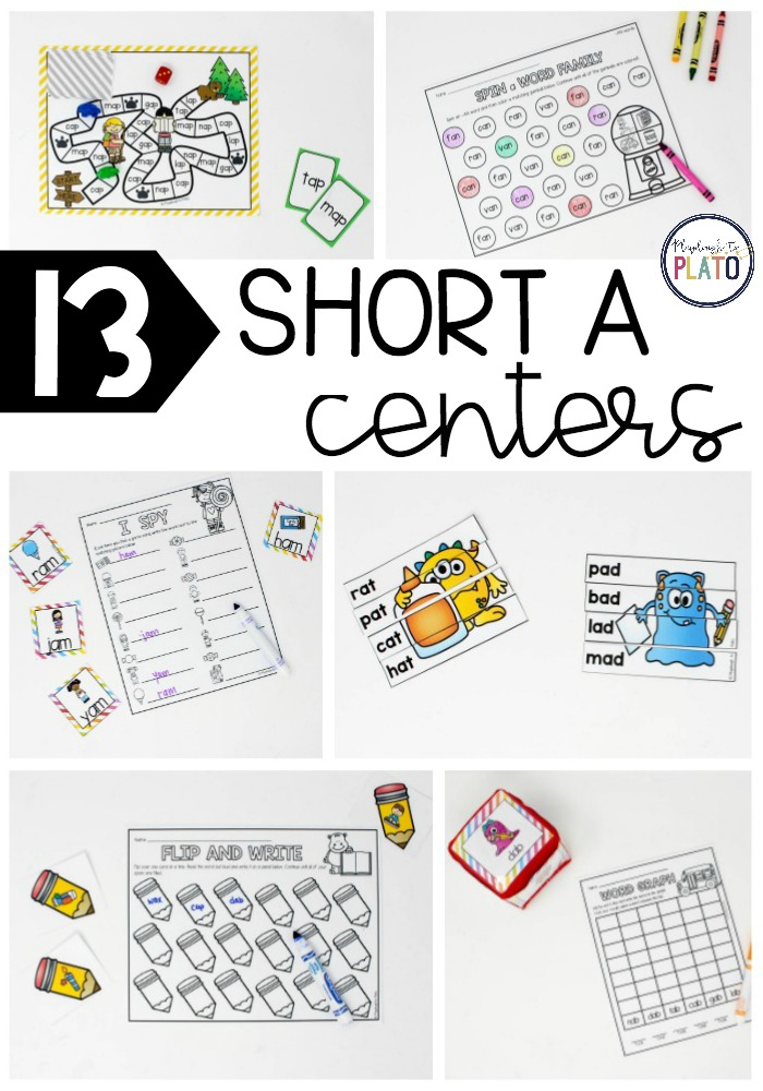 13 hands-on short A centers by Playdough to Plato. 